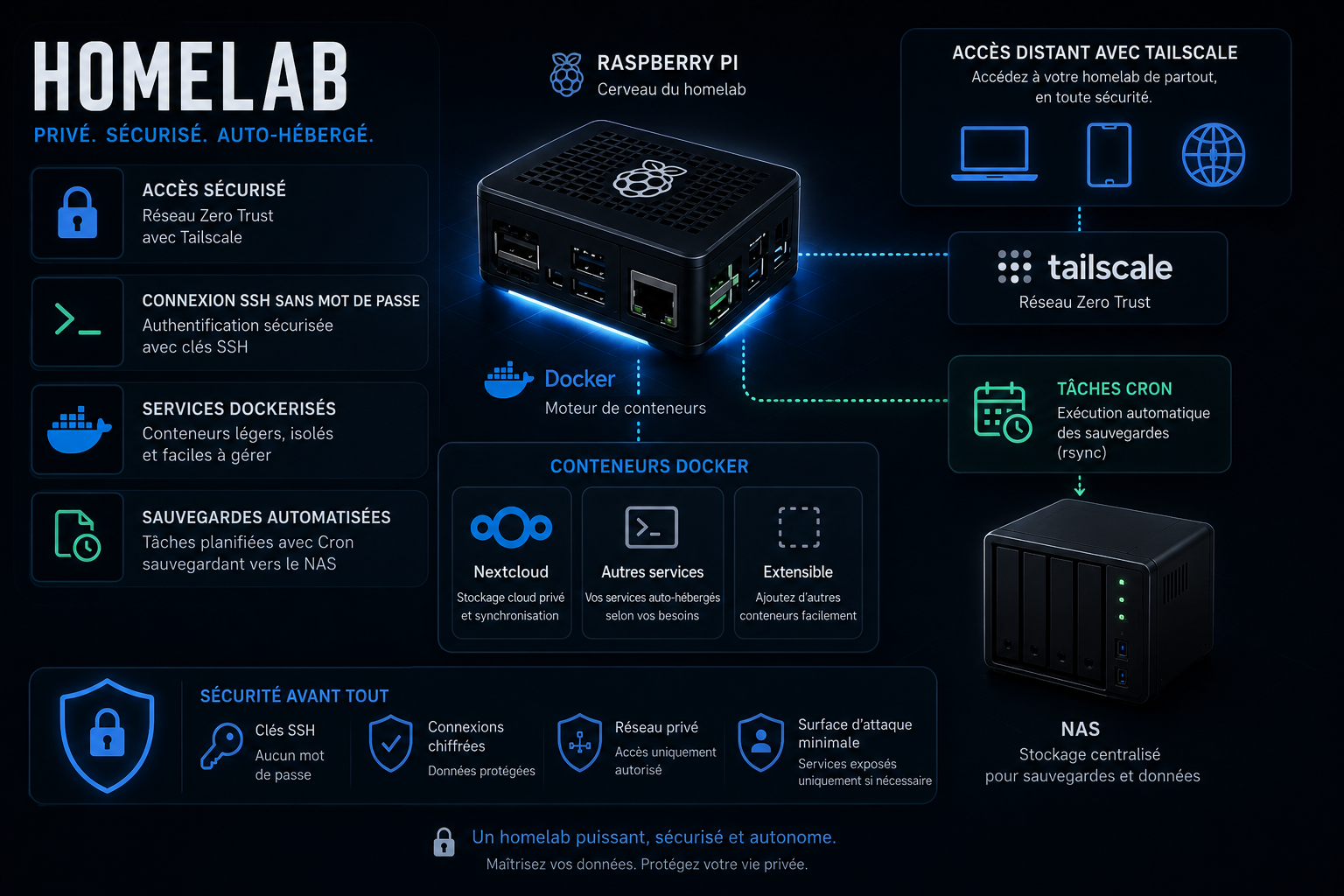 Schéma de l'architecture du homelab Raspberry Pi 5 avec Tailscale, Docker, Nextcloud et sauvegardes NAS